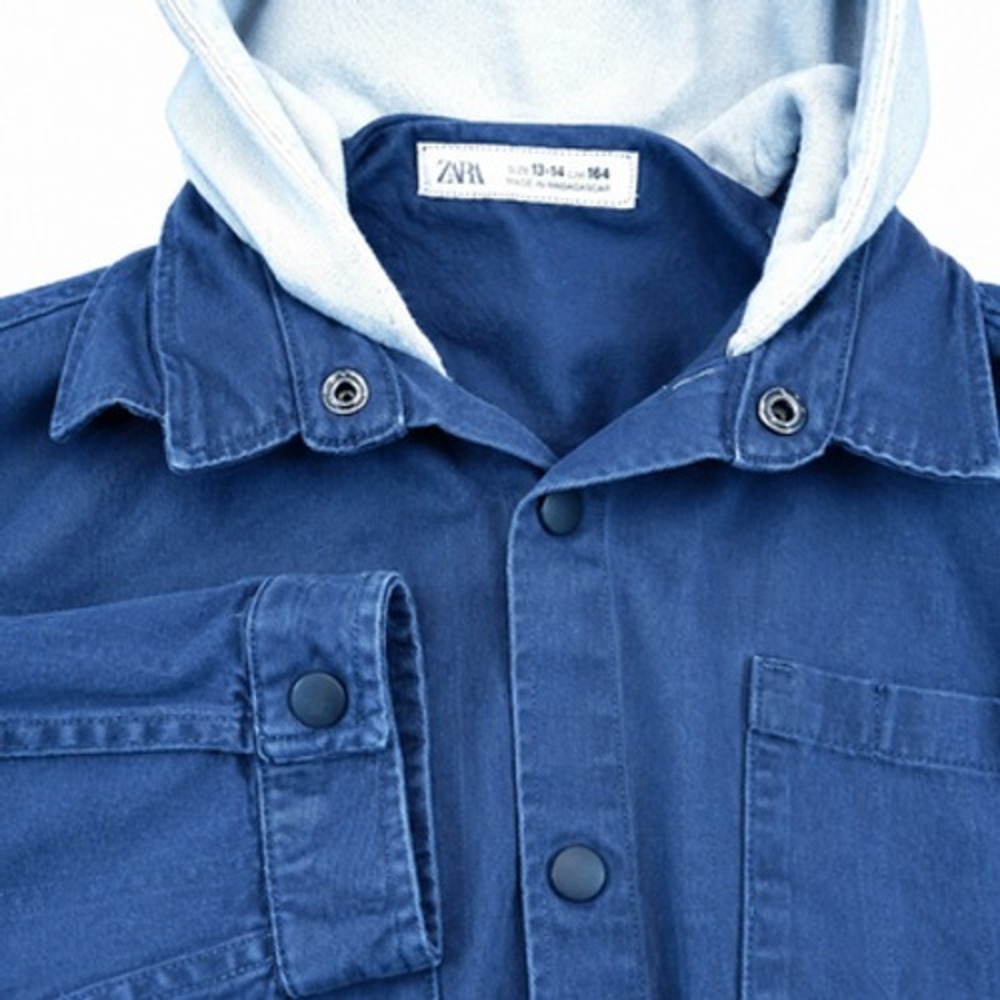Zara Kids 13 14 Blue Hooded Shacket Shirt Jacket Snap Front Cotton